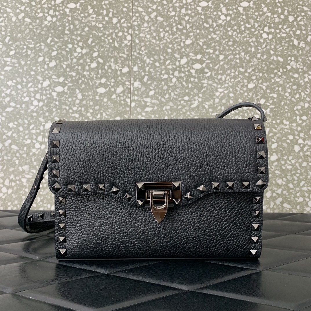 Valentino Garavani Rockstud Crossbody Bag in Black Grainy Calfskin